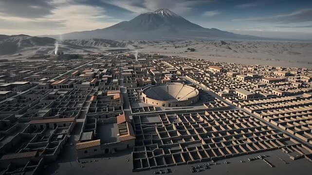 Aerial View of Ancient Pompeii Ruins with Volcano.