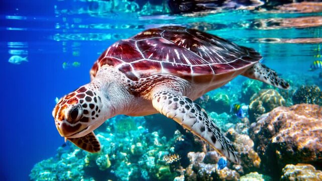 Sea turtle swims under water on the background of coral reefs