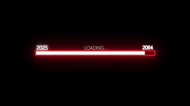 Loading Bar Showing Progress From Year 2025 To 2064 With 100 Percent Complete progress bar progress indicator. 