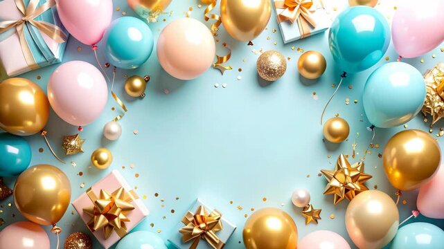 Festive Celebration Border with Balloons, Gifts, and Confetti on Light Blue Background
