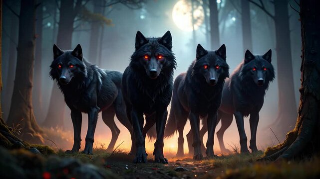 Four menacing black wolves with glowing red eyes stand in a moonlit forest.