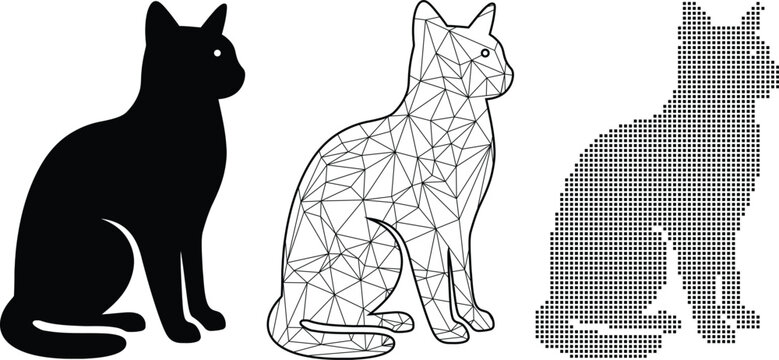 Black Cat Silhouette, Low Poly, and Pixel Art Vector Set