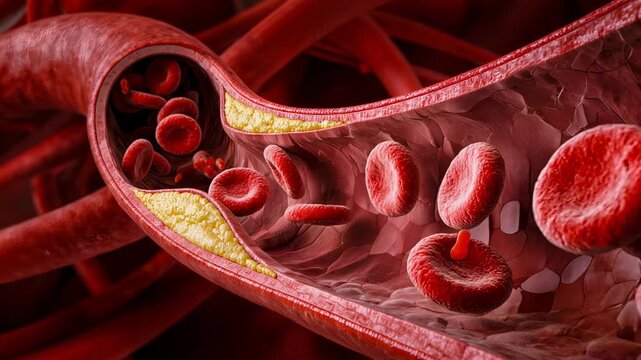 Macro photograph of red blood cells moving through a blood vessel with soft focus and warm light, medical concept of human circulation and health.