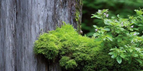 green, moss covered redwood tree trunk wall