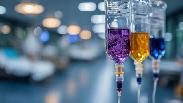 736Macro shot of intravenous drips with vibrant solutions, purple, orange, and blue liquids, clear bags suspended on stands, hospital room softly blurred in background, healthcare and