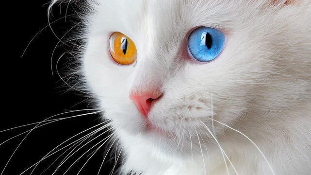 White fluffy cat with heterochromia, one amber eye and one blue eye, pink nose, black background, studio pet portrait. The video is generated from my real photo.