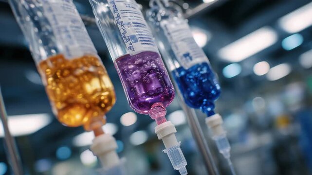 748Close-up of multiple IV bags with vibrant fluids, purple, orange, and blue liquids in hospital room, clear tubing and metal hooks, soft reflections highlighting clarity, medical tr