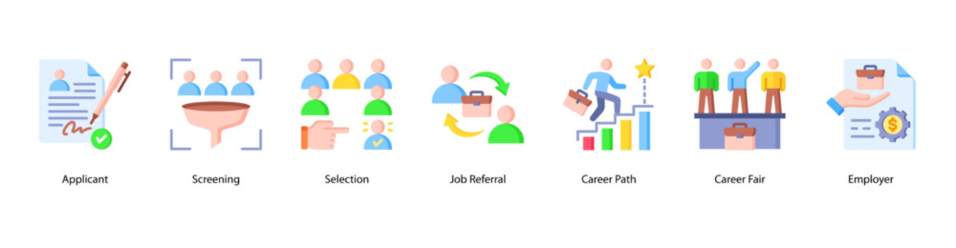 Job and Career Growth web banner icon vector illustration featuring Applicant, Screening, Selection, Job Referral, Career Path, Career Fair, and Employer.