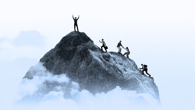 Graphic composition of business team climbing mountain toward peak. Concept of leadership journey, teamwork, ambition, achievement, overcoming obstacles, and corporate growth.