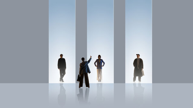 Structured composition of professionals standing inside vertical light frames. Concept of role selection, evaluation, hierarchy, recruitment process, corporate structure, individuality.