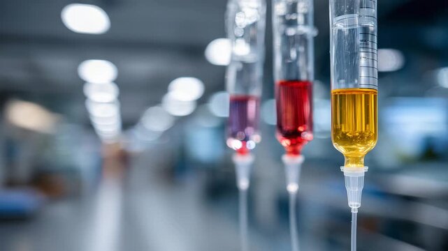 751Detailed view of intravenous drips, colorful liquids in transparent bags, tubing connected to patient or stand, soft clinical lighting, emphasizing healthcare and hospital equipmen