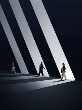 Dynamic design with people moving through light paths in dark environment. Concept of direction, progress, transformation, career movement, opportunity, and guided choice.