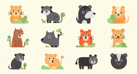 Naklejka premium Collection of Cartoon Animal Faces and Figures.