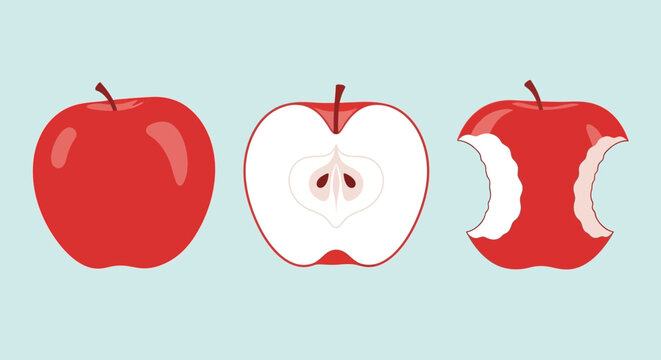 Three red apples in different stages of being eaten.