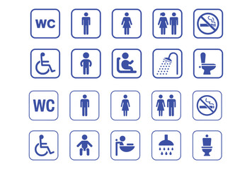 Toilet icon set. WC sign. Washroom, male, female, unisex accessible, baby changing table room, shower, handicap, No smoking symbol. Public bathroom pictogram. Transparent png and vector illustration.