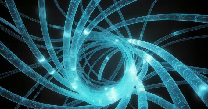Glowing blue fiber optic cables swirling in dynamic pattern
