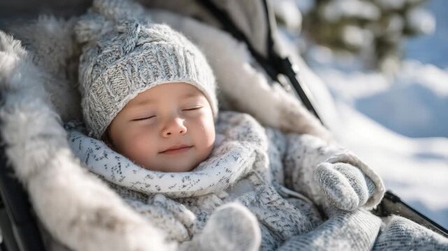 759Baby sleeping in a stroller in snowy park, bundled in warm winter clothes, knitted hat and mittens, fresh snow on ground and trees, soft winter sunlight creating gentle shadows