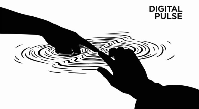 Two silhouetted hands reaching out to touch fingertips above rippling water, symbolizing connection and innovation.