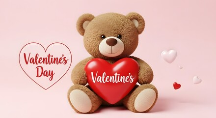 Teddy bear on a pink background with a large heart that says Valentine's Day and small hearts flying around for Valentine's Day.