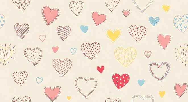 Hand-drawn heart pattern in pastel shades with a sketch style for Valentine's Day.