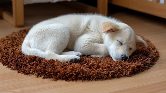 A delightful baby Jindo puppy curls up on a soft brown rug, enjoying a peaceful nap in a cozy indoor space. The adorable pup is completely relaxed and serene