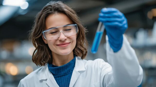 765Close-up of a young Caucasian woman with brown hair examining a test tube filled with blue liquid, wearing protective gloves, goggles, and face mask, laboratory glassware and equip