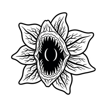 Black and white outline demogorgon  from stranger things with open mouth and sharp teeth, isolated on white background.