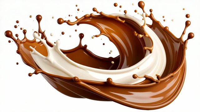 Dynamic swirl of liquid chocolate and milk splashing in fluid motion