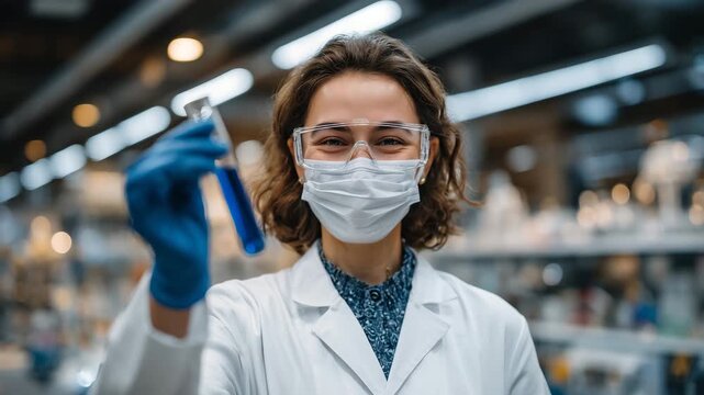 768Macro shot of scientist holding a test tube with blue solution, brown-haired woman in safety gloves, goggles, and mask, laboratory benches and instruments visible, focused chemical