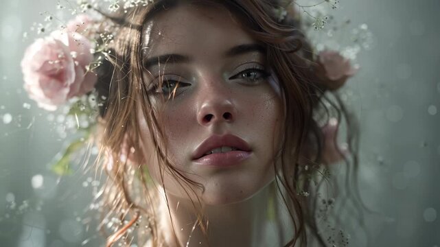 Amidst a magical forest, a stunning woman gazes softly at the camera. Her hair, embellished with delicate flowers, complements her radiant features. Sunlight dances around her in gentle hues