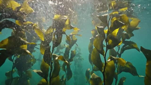 Underwater Serenity Slow-motion view of sunlight filtering through clear ocean water, illuminating swaying kelp or sea grass, creating soft light gradients and a gentle, ethereal movement.