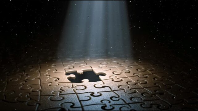A jigsaw puzzle with one piece missing, illuminated by light from above symbolizing how business success