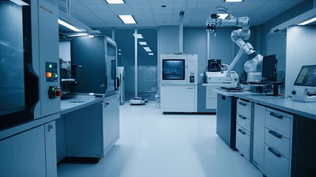 Clean empty modern futuristic research laboratory with advanced scientific equipment and automated robotic arms