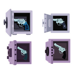 Handgun Revolver Inside Open Safe Box Vector Flat Design Security Illustration
