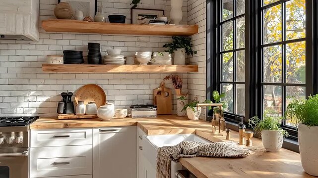 Modern farmhouse kitchen interior features white subway tile backsplash oak open shelving with ceramic dishes and bright sunlight windows.