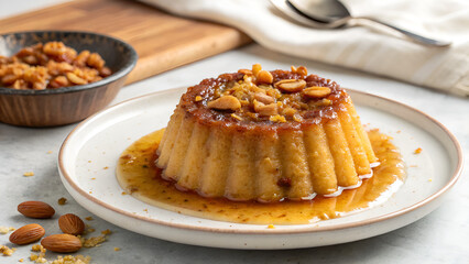Traditional Syrup-Soaked Semolina Cake &ndash; Basbousa Dessert with Nuts on Ceramic Plate