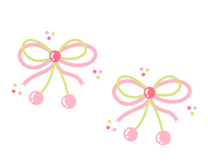 Fototapeta premium Coquette bow with kawaii cherry in pink and lime green color combination, vector illustration, coquette ribbon for ornament and decoration