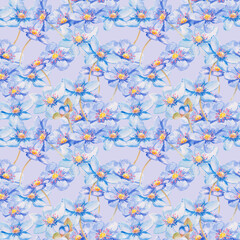 Blue forest flowers. Seamless pattern with flowers of the blue Anemone hepatica (liverleaf, liverwort, kidneywort). Watercolor hand drawn illustration for spring theme decor, wallpaper, postcard