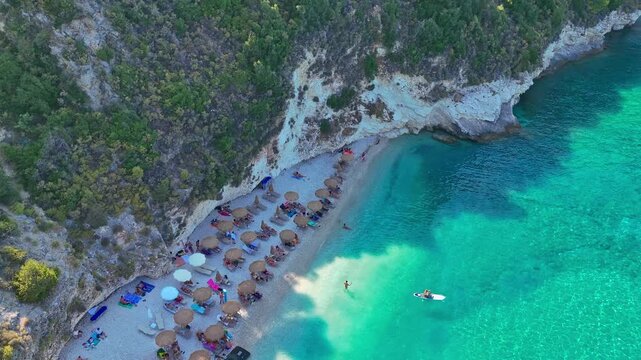 Aerial drone view of Xigia Sulfur Beach in Zakynthos, Greece, tur...