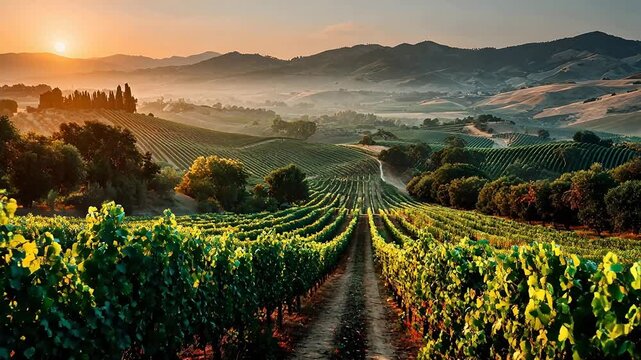 Rolling vineyard hills at golden hour feature lush green grapevines stretching to the horizon with a warm sunburst peaking over the landscape.