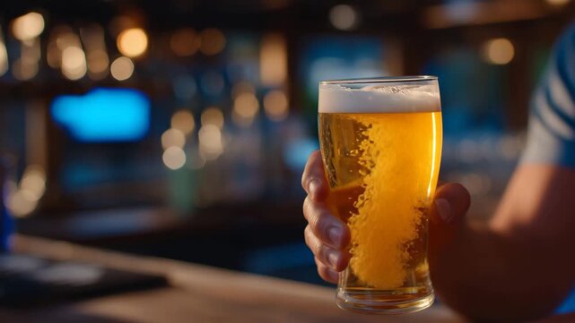 Cinematic close-up of fingers wrapped around a beer glass, golden liquid glows under warm bar lighting, frothy head perfectly captured, blurred bottles and taps in background, casu