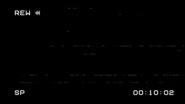 Animated VHS tape rewind with analog noise, tracking errors, and corrupted signal.
