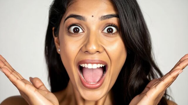 Excited young woman with wide eyes and open mouth gasps and raises hands