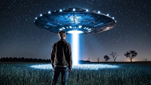 A solitary man stands in a rural field as a large, glowing UFO descends from the stars. A bright beam of light illuminates the ground before suddenly vanishing into the darkness. A sense of wonder and