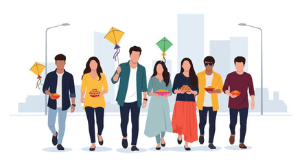 Obraz premium A contemporary flat design illustration depicting young adults in an urban Indian setting, blending modern style with traditional Makar Sankranti items. 
