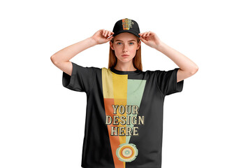 Young Female Fashion Model Wearing T Shirt And Cap Mockup