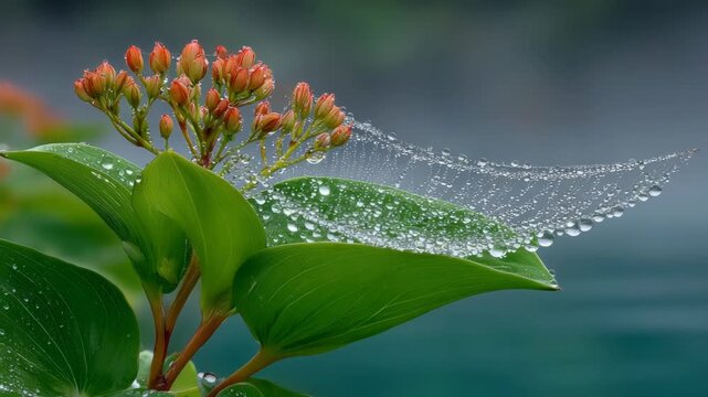 Close-up of green plant with orange buds, water droplets on leaves and web. Blurred background