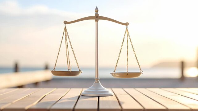Golden scales of justice balance on wooden table with seascape backdrop
