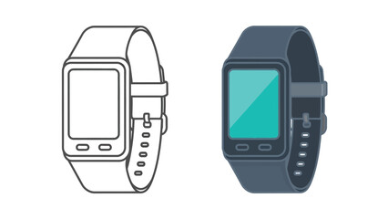 Comparison graphic illustrating a digital smartwatch outline template next to a fully colored version showcasing modern wearable technology design concepts