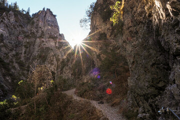 Waterfall flowing through the Gleiersch Gorge near Scharnitz in the Austrian Alps.